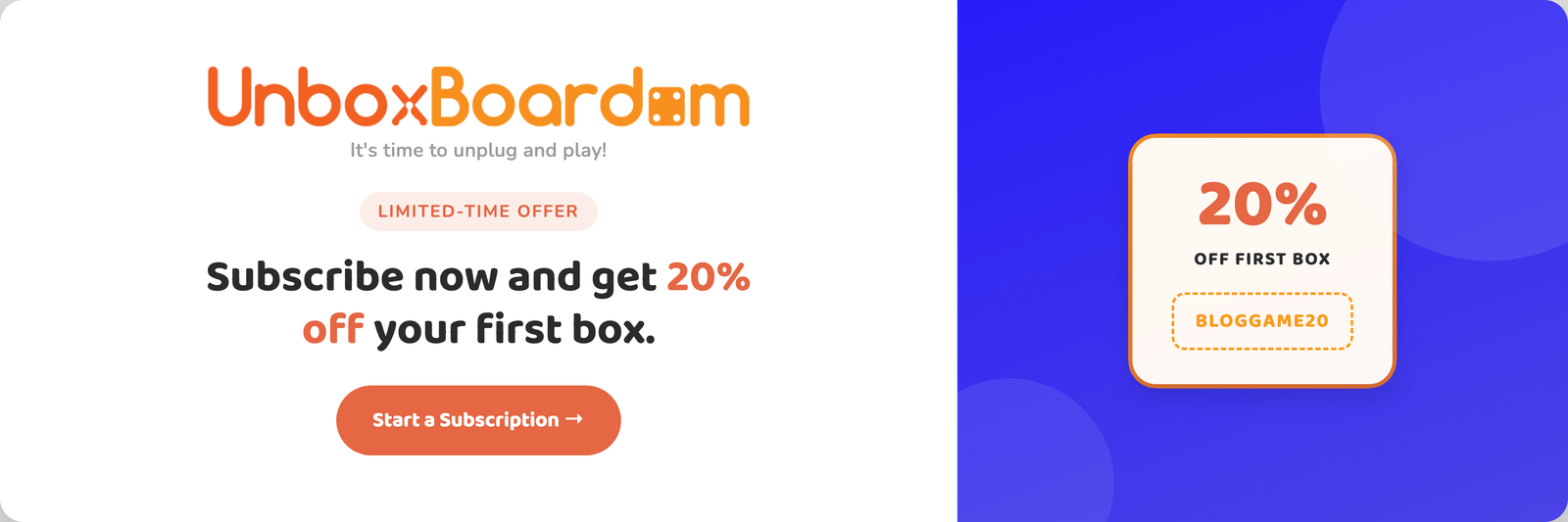 UnboxBoardom banner offering 20% off a first box with code BLOGGAME20
