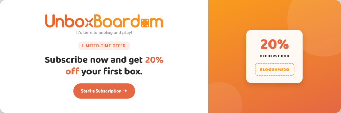 UnboxBoardom 20% off your first board game subscription box banner