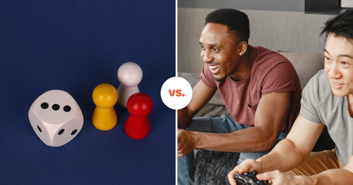 Wooden board game pawns and dice on a navy background beside two men playing video games with controllers
