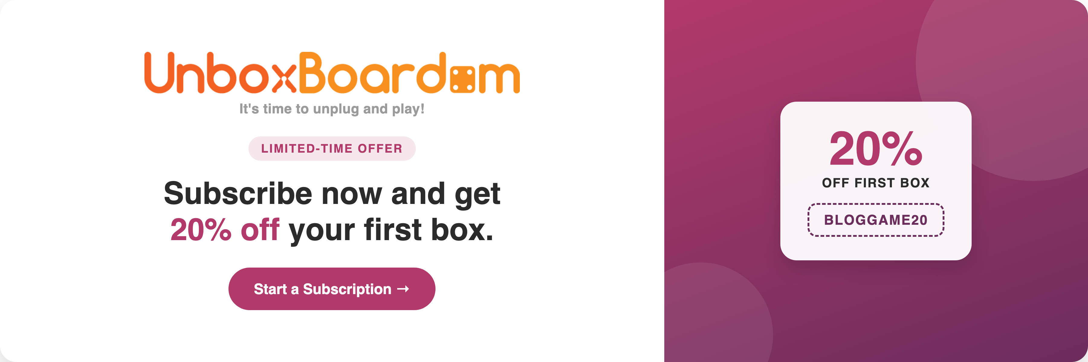UnboxBoardom banner offering 20% off a first box with code BLOGGAME20