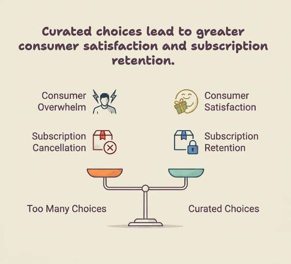 Scale graphic: too many choices lead to overwhelm and cancellation, curated choices lead to satisfaction and retention