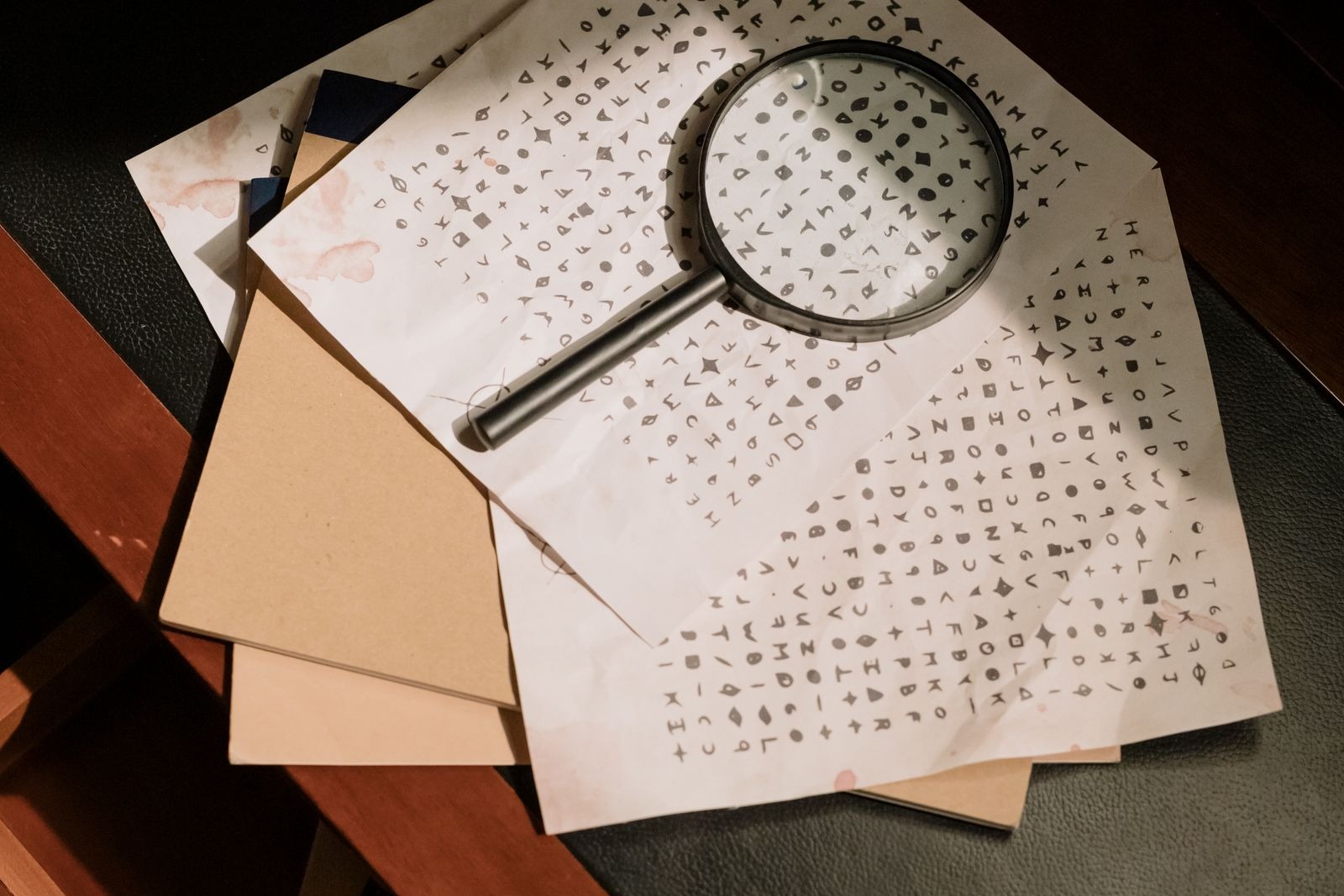 Sheets of symbol codes with a magnifying glass lying on top