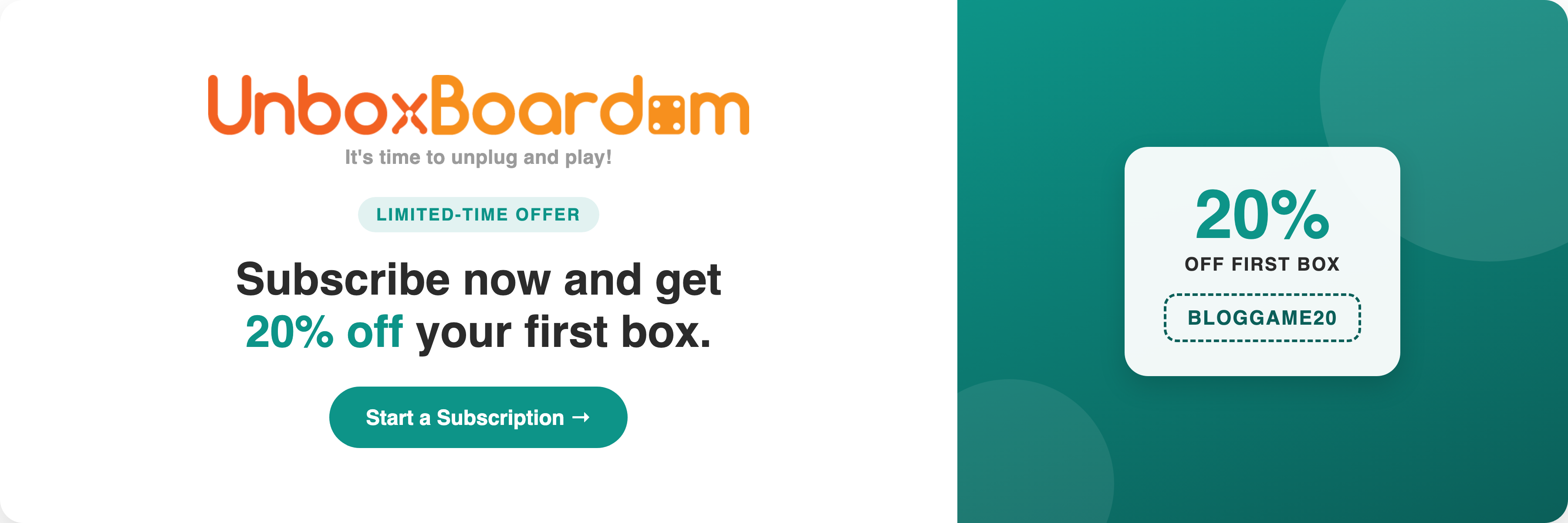 UnboxBoardom banner offering 20% off a first box with code BLOGGAME20