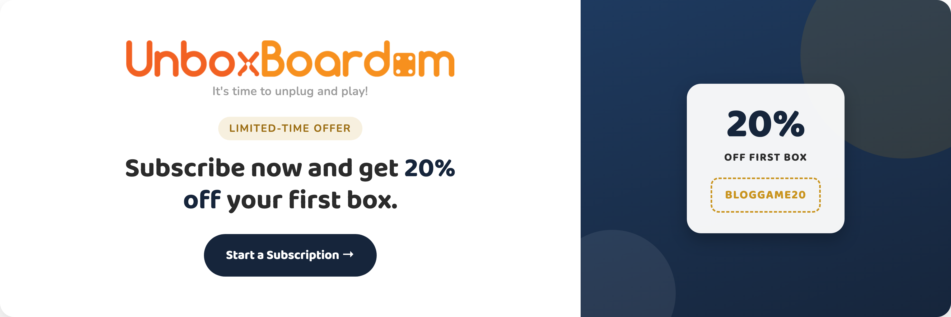 UnboxBoardom banner offering 20% off a first box with code BLOGGAME20